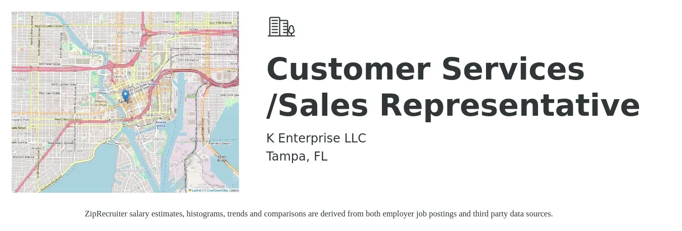 K Enterprise LLC job posting for a Customer Services /Sales Representative in Tampa, FL with a salary of $17 to $26 Hourly and benefits including pto with a map of Tampa location.