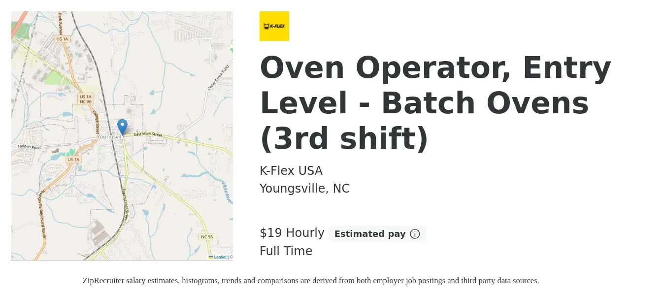 K-Flex USA job posting for a Oven Operator, Entry Level - Batch Ovens (3rd shift) in Youngsville, NC with a salary of $20 Hourly with a map of Youngsville location.