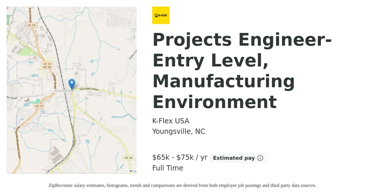 K-Flex USA job posting for a Projects Engineer- Entry Level, Manufacturing Environment in Youngsville, NC with a salary of $65,000 to $75,000 Yearly with a map of Youngsville location.