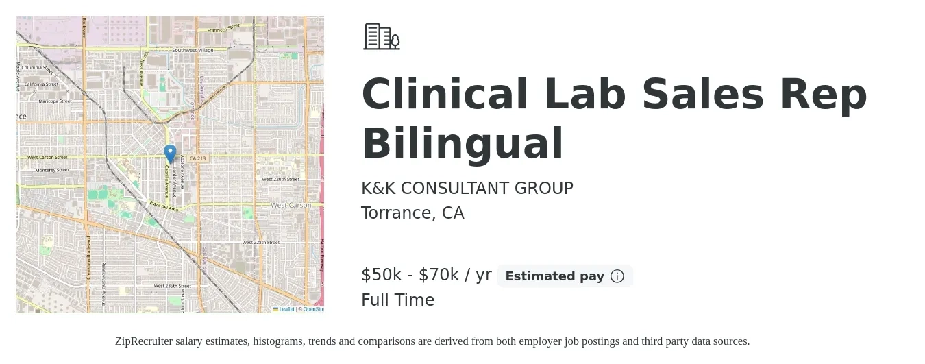 K&K CONSULTANT GROUP job posting for a Clinical Lab Sales Rep Bilingual in Torrance, CA with a salary of $50,000 to $70,000 Yearly with a map of Torrance location.