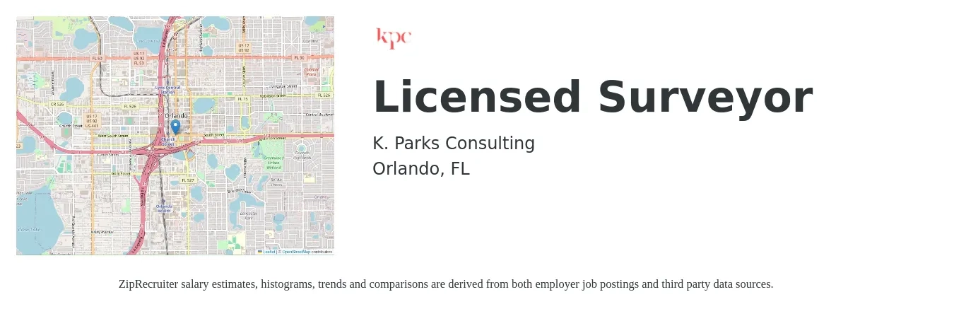 K. Parks Consulting job posting for a Licensed Surveyor in Orlando, FL with a salary of $35 Hourly with a map of Orlando location.