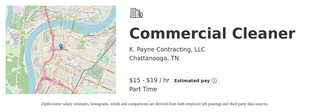 K. Payne Contracting, LLC job posting for a Commercial Cleaner in Chattanooga, TN with a salary of $16 to $20 Hourly with a map of Chattanooga location.