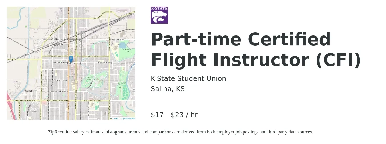 K-State Student Union job posting for a Part-time Certified Flight Instructor (CFI) in Salina, KS with a salary of $18 to $24 Hourly with a map of Salina location.
