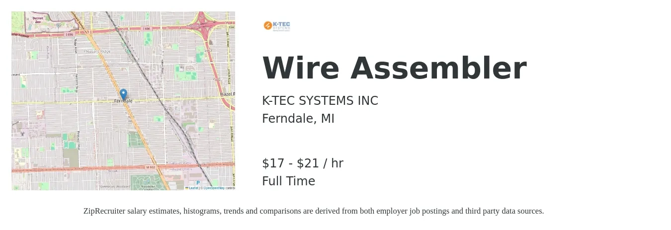 K-TEC SYSTEMS INC job posting for a Wire Assembler in Ferndale, MI with a salary of $18 to $22 Hourly with a map of Ferndale location.