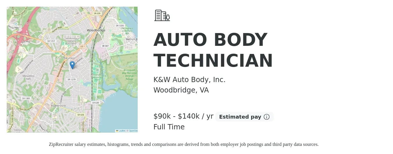 K&W Auto Body, Inc. job posting for a AUTO BODY TECHNICIAN in Woodbridge, VA with a salary of $90,000 to $140,000 Yearly with a map of Woodbridge location.