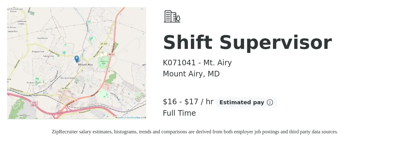 K071041 - Mt. Airy job posting for a Shift Supervisor in Mount Airy, MD with a salary of $18 to $19 Hourly with a map of Mount Airy location.