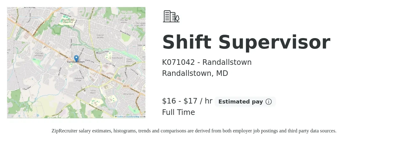 K071042 - Randallstown job posting for a Shift Supervisor in Randallstown, MD with a salary of $18 to $19 Hourly with a map of Randallstown location.
