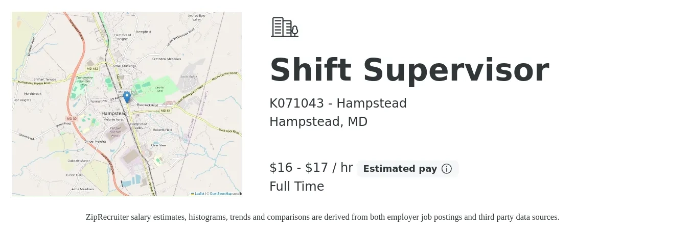 K071043 - Hampstead job posting for a Shift Supervisor in Hampstead, MD with a salary of $18 to $19 Hourly with a map of Hampstead location.