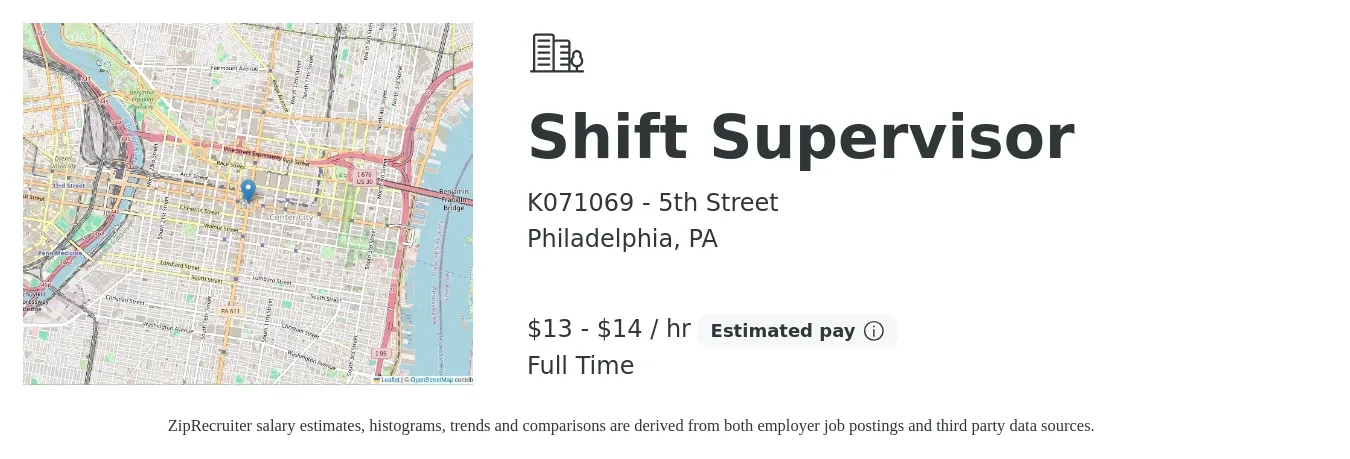 K071069 - 5th Street job posting for a Shift Supervisor in Philadelphia, PA with a salary of $14 to $15 Hourly with a map of Philadelphia location.
