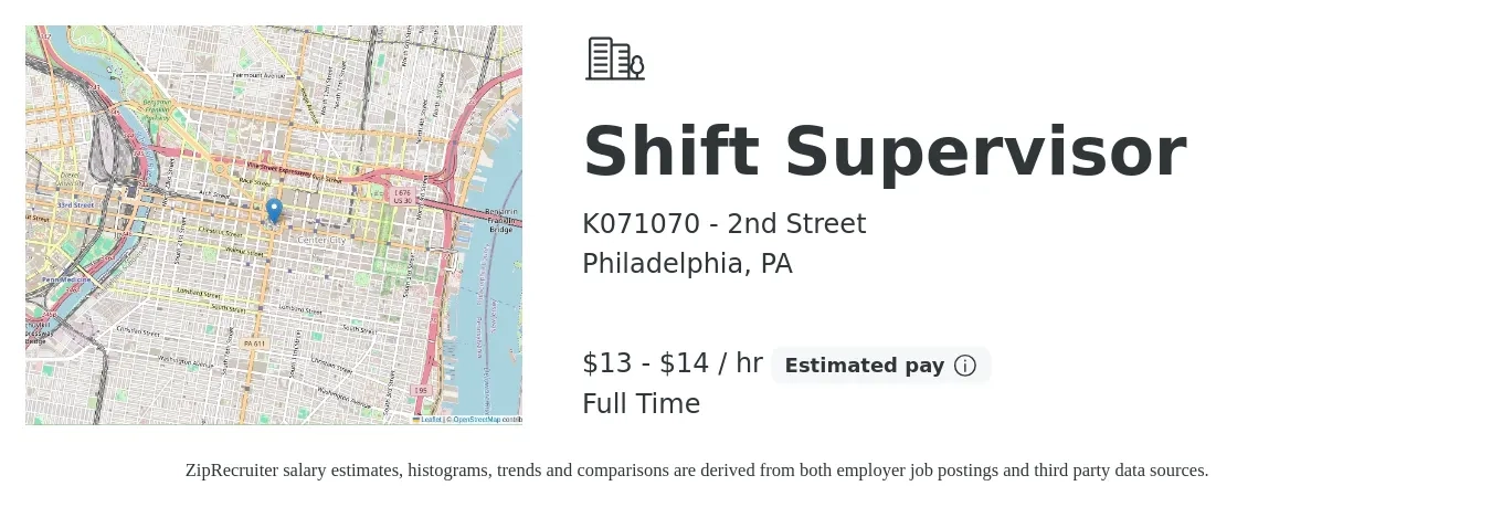 K071070 - 2nd Street job posting for a Shift Supervisor in Philadelphia, PA with a salary of $14 to $15 Hourly with a map of Philadelphia location.