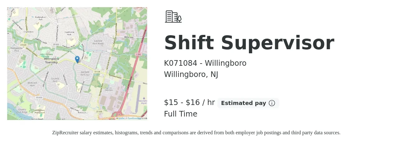 K071084 - Willingboro job posting for a Shift Supervisor in Willingboro, NJ with a salary of $16 to $17 Hourly with a map of Willingboro location.