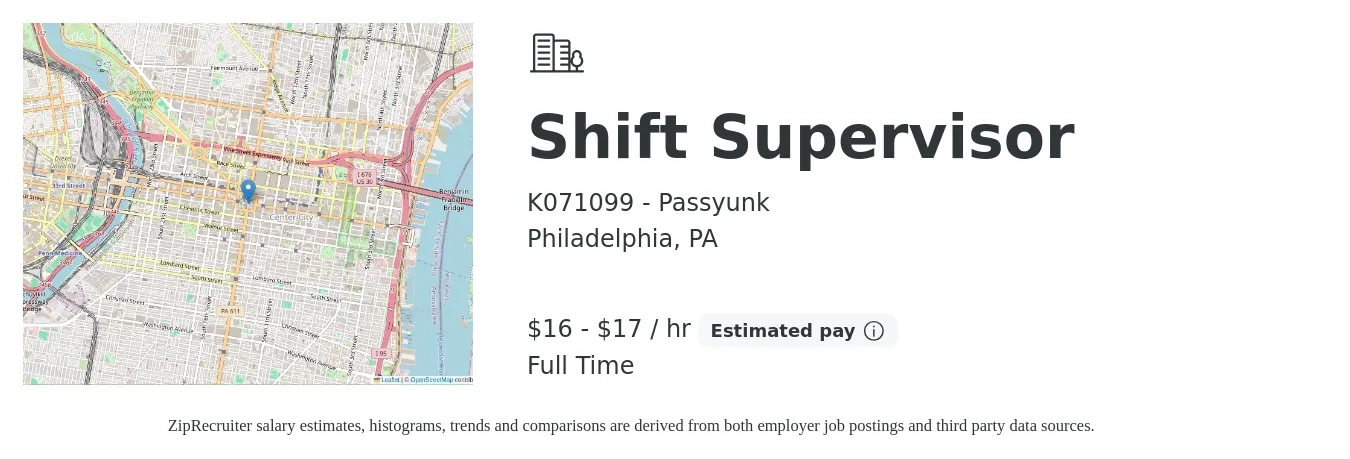 K071099 - Passyunk job posting for a Shift Supervisor in Philadelphia, PA with a salary of $18 to $18 Hourly with a map of Philadelphia location.