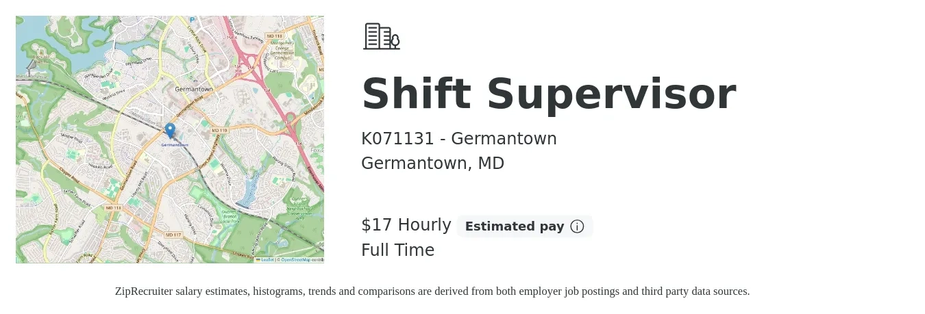 K071131 - Germantown job posting for a Shift Supervisor in Germantown, MD with a salary of $19 to $20 Hourly with a map of Germantown location.