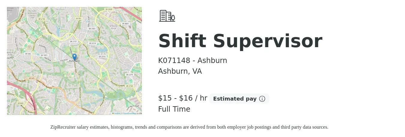 K071148 - Ashburn job posting for a Shift Supervisor in Ashburn, VA with a salary of $16 to $17 Hourly with a map of Ashburn location.