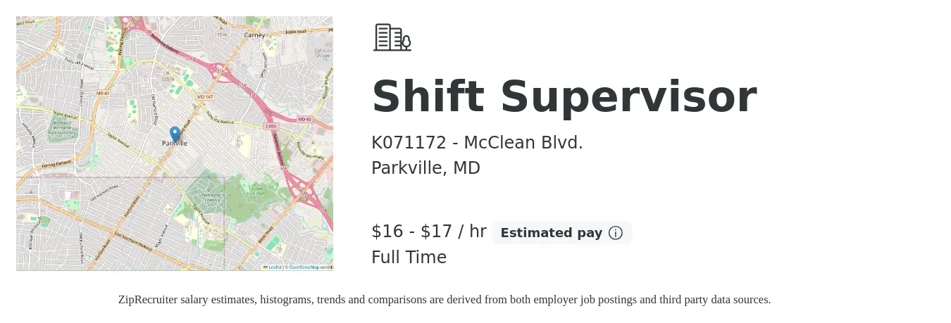 K071172 - McClean Blvd. job posting for a Shift Supervisor in Parkville, MD with a salary of $18 to $19 Hourly with a map of Parkville location.