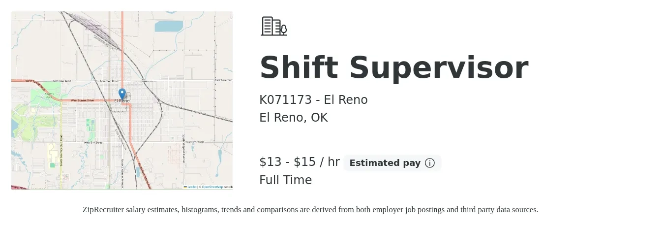 K071173 - El Reno job posting for a Shift Supervisor in El Reno, OK with a salary of $14 to $16 Hourly with a map of El Reno location.