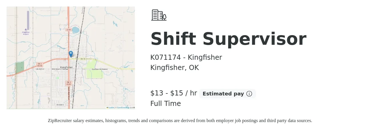 K071174 - Kingfisher job posting for a Shift Supervisor in Kingfisher, OK with a salary of $14 to $16 Hourly with a map of Kingfisher location.