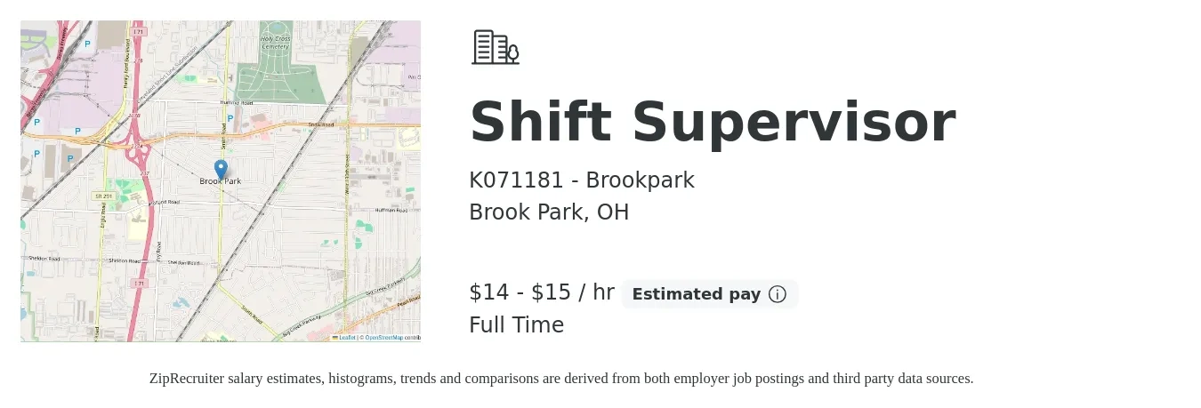 K071181 - Brookpark job posting for a Shift Supervisor in Brook Park, OH with a salary of $15 to $16 Hourly with a map of Brook Park location.