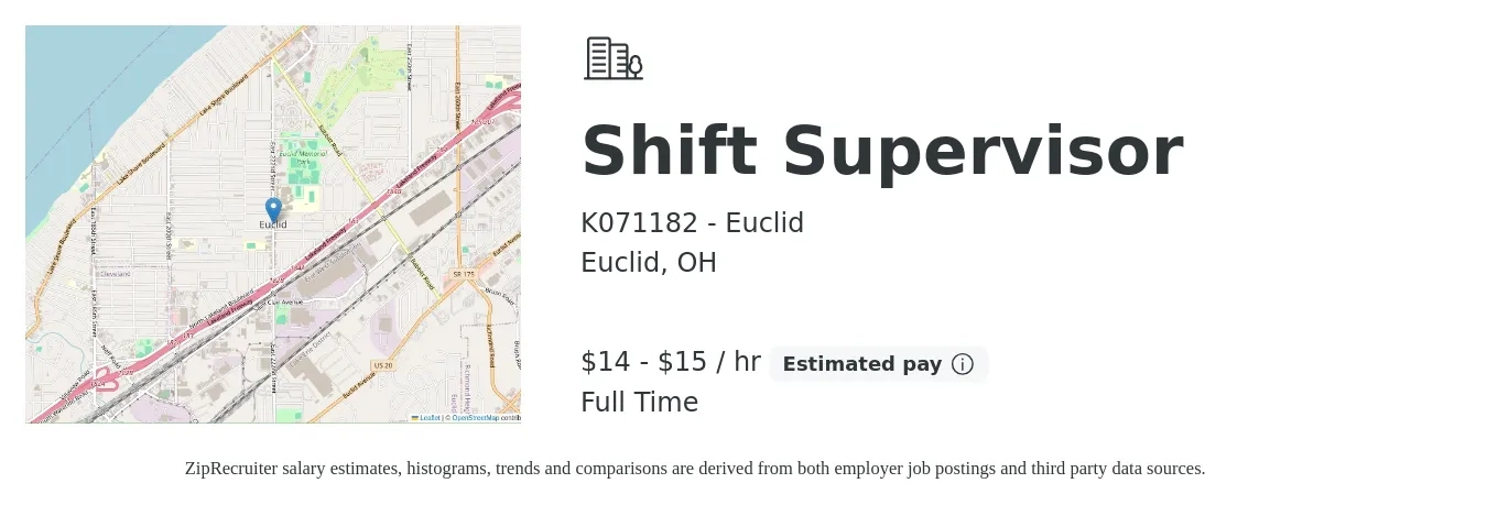 K071182 - Euclid job posting for a Shift Supervisor in Euclid, OH with a salary of $15 to $16 Hourly with a map of Euclid location.
