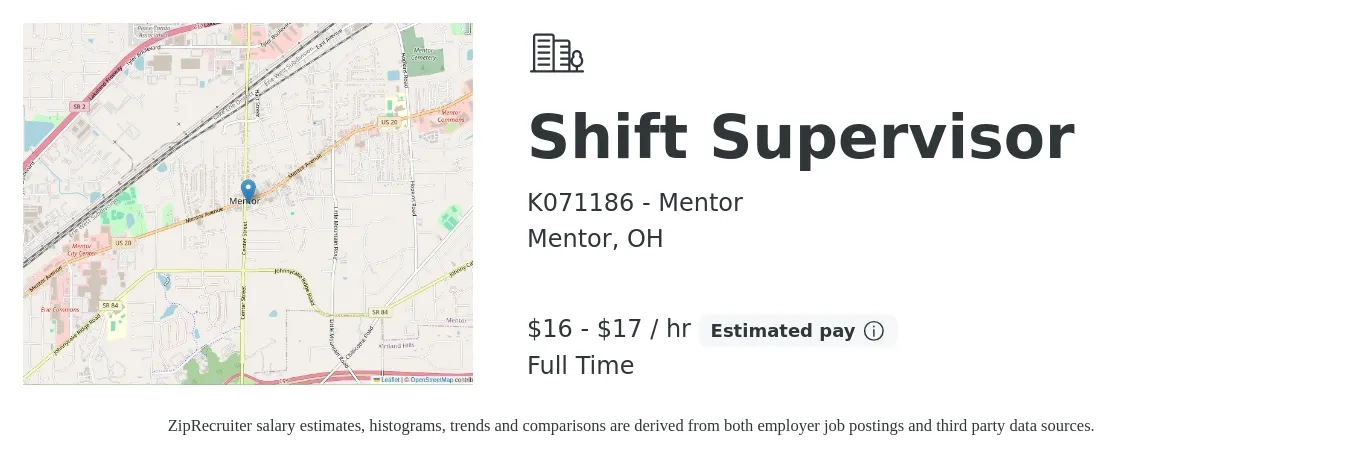 K071186 - Mentor job posting for a Shift Supervisor in Mentor, OH with a salary of $17 to $18 Hourly with a map of Mentor location.