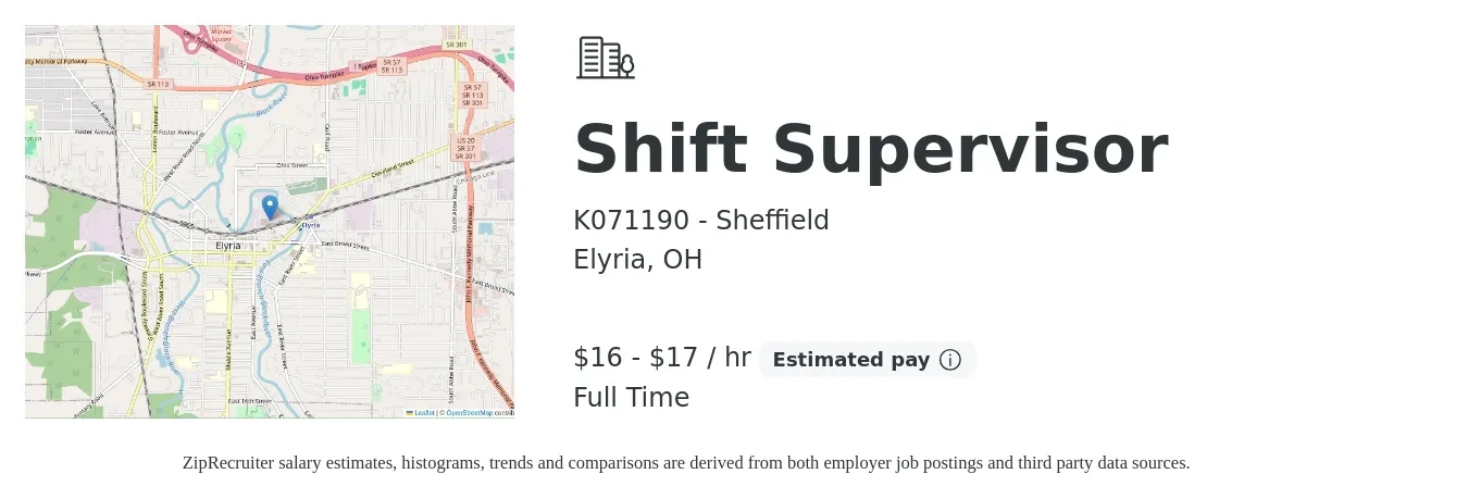 K071190 - Sheffield job posting for a Shift Supervisor in Elyria, OH with a salary of $17 to $18 Hourly with a map of Elyria location.