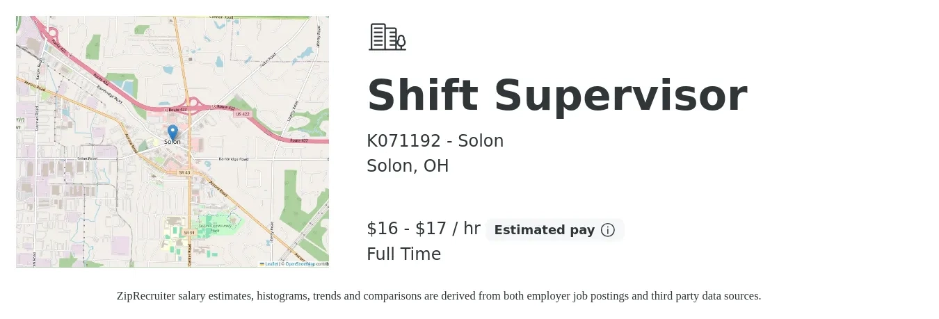 K071192 - Solon job posting for a Shift Supervisor in Solon, OH with a salary of $17 to $18 Hourly with a map of Solon location.