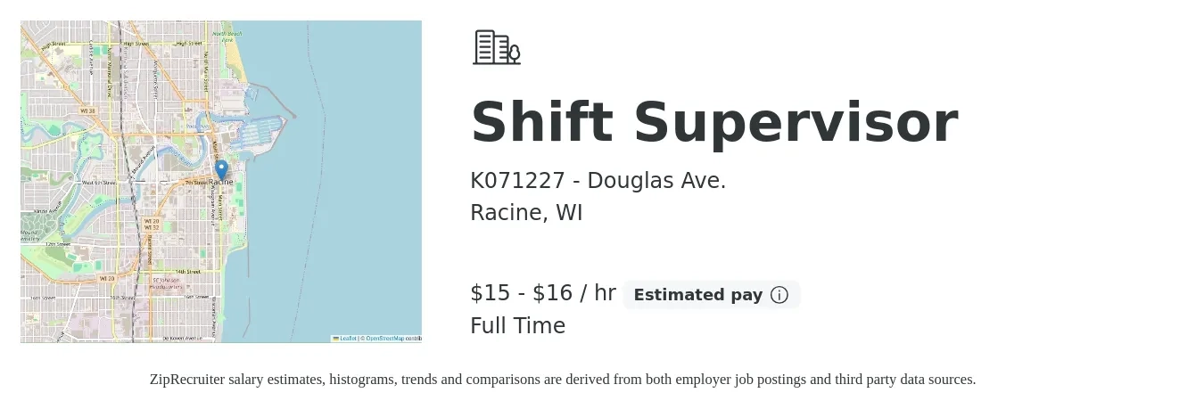 K071227 - Douglas Ave. job posting for a Shift Supervisor in Racine, WI with a salary of $16 to $17 Hourly with a map of Racine location.