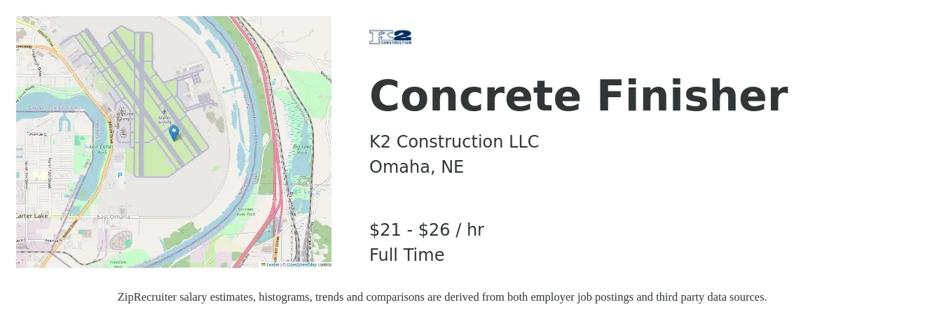 K2 Construction LLC job posting for a Concrete Finisher in Omaha, NE with a salary of $22 to $28 Hourly with a map of Omaha location.