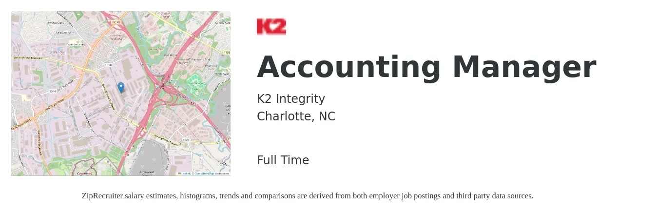 K2 Integrity job posting for a Accounting Manager in Charlotte, NC with a salary of $76,200 to $109,400 Yearly with a map of Charlotte location.