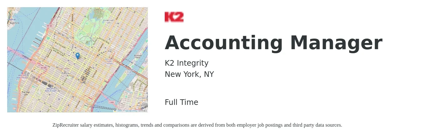 K2 Integrity job posting for a Accounting Manager in New York, NY with a salary of $120,000 to $130,000 Yearly with a map of New York location.