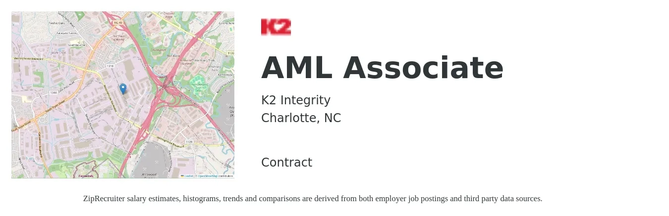 K2 Integrity job posting for a AML Associate in Charlotte, NC with a salary of $16 to $20 Hourly with a map of Charlotte location.