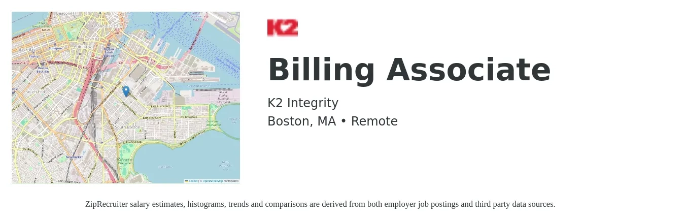 K2 Integrity job posting for a Billing Associate in Boston, MA with a salary of $20 to $25 Hourly with a map of Boston location.