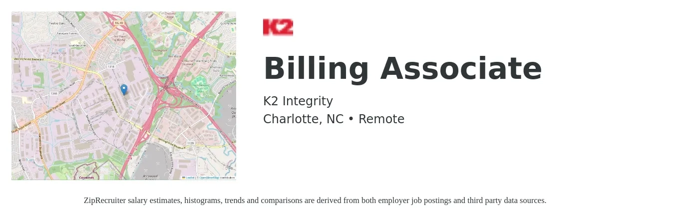 K2 Integrity job posting for a Billing Associate in Charlotte, NC with a salary of $18 to $22 Hourly with a map of Charlotte location.