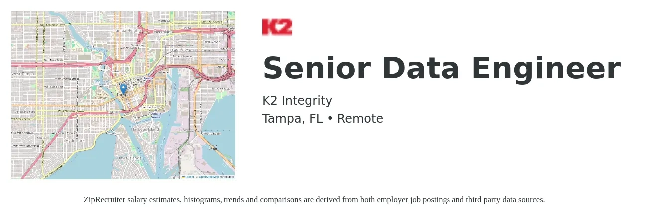 K2 Integrity job posting for a Senior Data Engineer in Tampa, FL with a salary of $100,200 to $136,100 Yearly with a map of Tampa location.