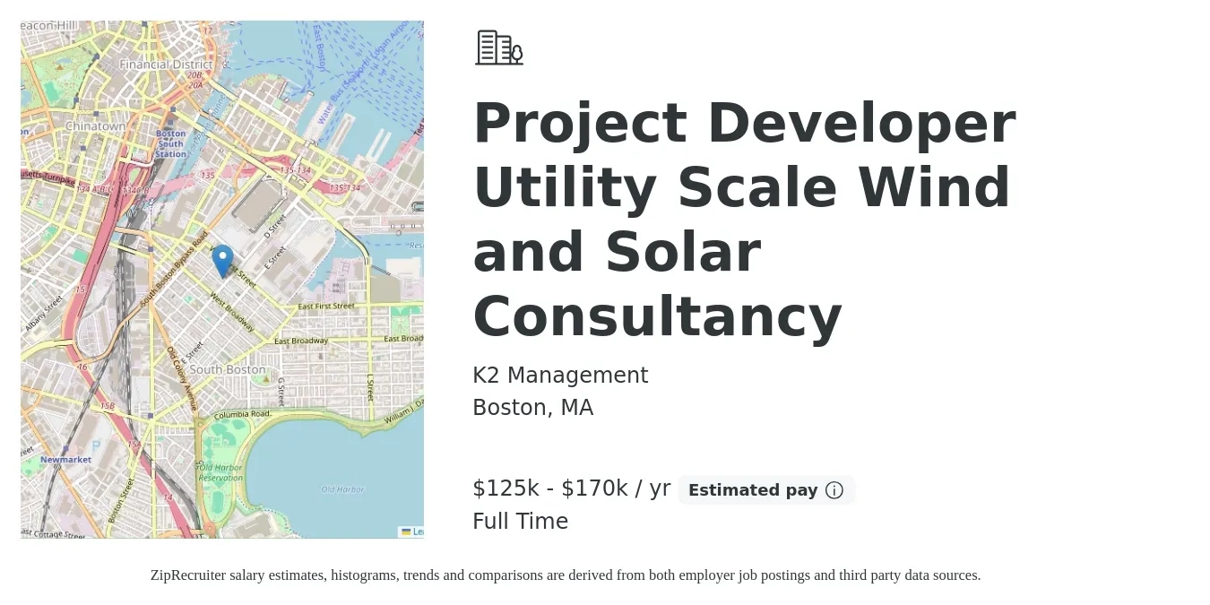 K2 Management job posting for a Project Developer Utility Scale Wind and Solar Consultancy in Boston, MA with a salary of $125,000 to $170,000 Yearly with a map of Boston location.