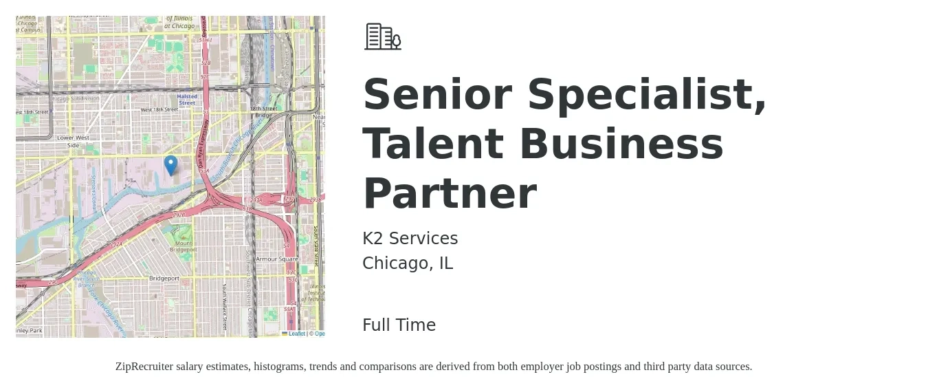 K2 Services job posting for a Senior Specialist, Talent Business Partner in Chicago, IL with a salary of $84,500 to $120,000 Yearly with a map of Chicago location.