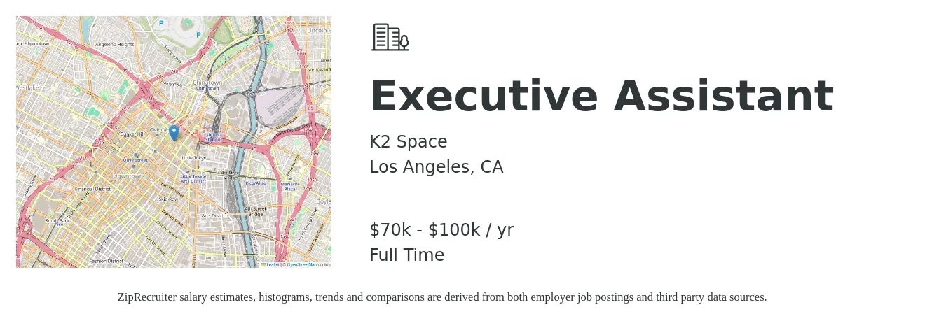 K2 Space job posting for a Executive Assistant in Los Angeles, CA with a salary of $70,000 to $100,000 Yearly with a map of Los Angeles location.