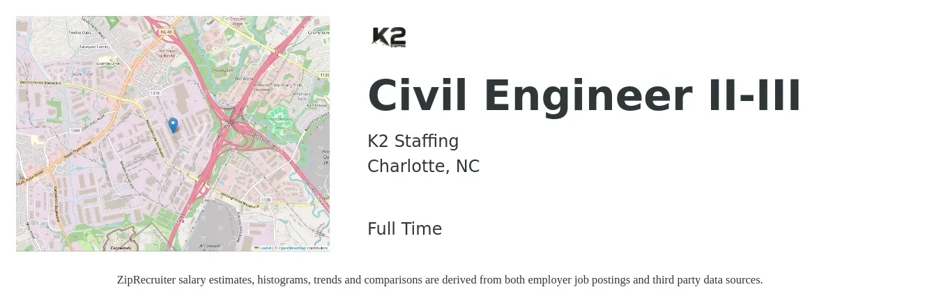 K2 Staffing job posting for a Civil Engineer II-III in Charlotte, NC with a salary of $65,900 to $96,200 Yearly with a map of Charlotte location.