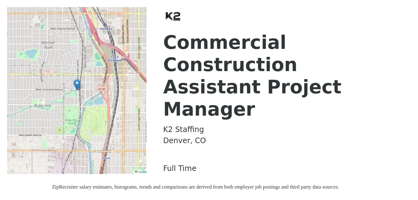 K2 Staffing job posting for a Commercial Construction Assistant Project Manager in Denver, CO with a salary of $62,800 to $91,600 Yearly with a map of Denver location.