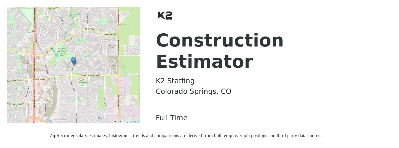 K2 Staffing job posting for a Construction Estimator in Colorado Springs, CO with a salary of $61,100 to $97,600 Yearly with a map of Colorado Springs location.