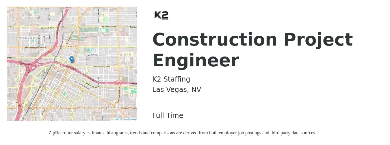 K2 Staffing job posting for a Construction Project Engineer in Las Vegas, NV with a salary of $65,900 to $84,500 Yearly with a map of Las Vegas location.