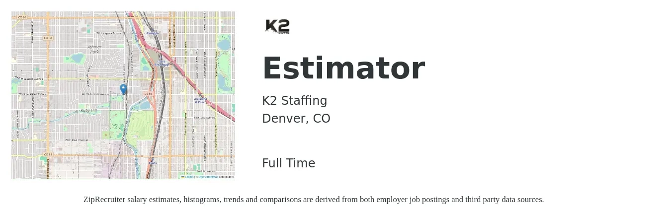 K2 Staffing job posting for a Estimator in Denver, CO with a salary of $63,800 to $101,900 Yearly with a map of Denver location.