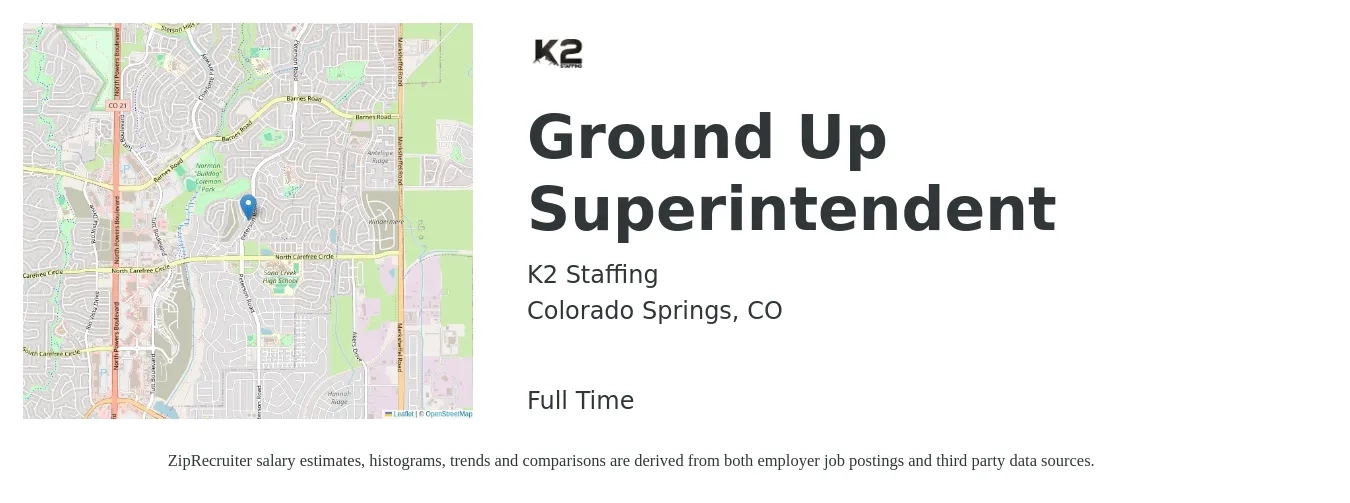 K2 Staffing job posting for a Ground Up Superintendent in Colorado Springs, CO with a salary of $70,000 to $113,800 Yearly with a map of Colorado Springs location.