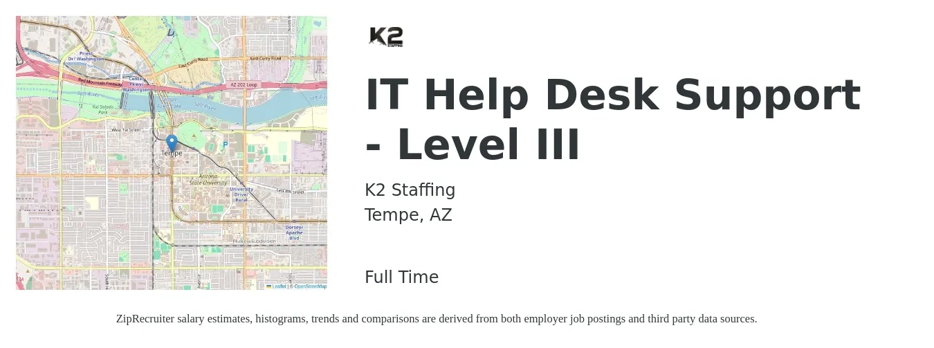 K2 Staffing job posting for a IT Help Desk Support - Level III in Tempe, AZ with a salary of $19 to $26 Hourly with a map of Tempe location.