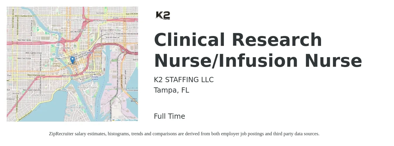 K2 STAFFING LLC job posting for a Clinical Research Nurse/Infusion Nurse in Tampa, FL with a salary of $36 to $52 Hourly with a map of Tampa location.