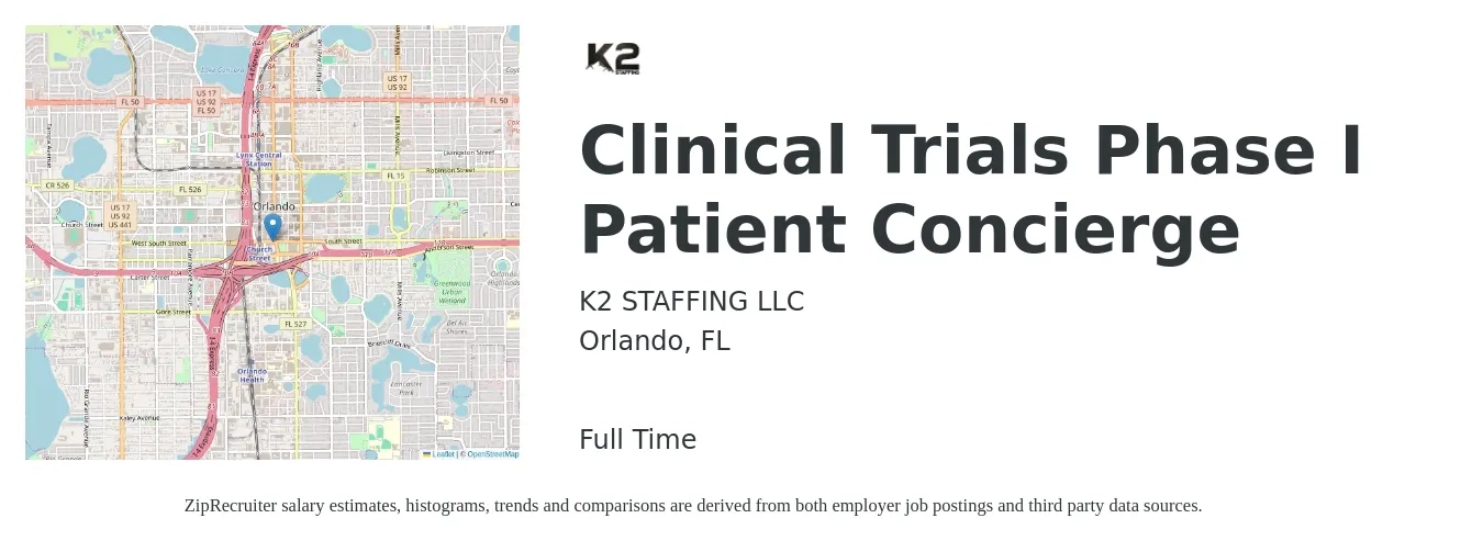 K2 STAFFING LLC job posting for a Clinical Trials Phase I Patient Concierge in Orlando, FL with a salary of $14 to $19 Hourly with a map of Orlando location.