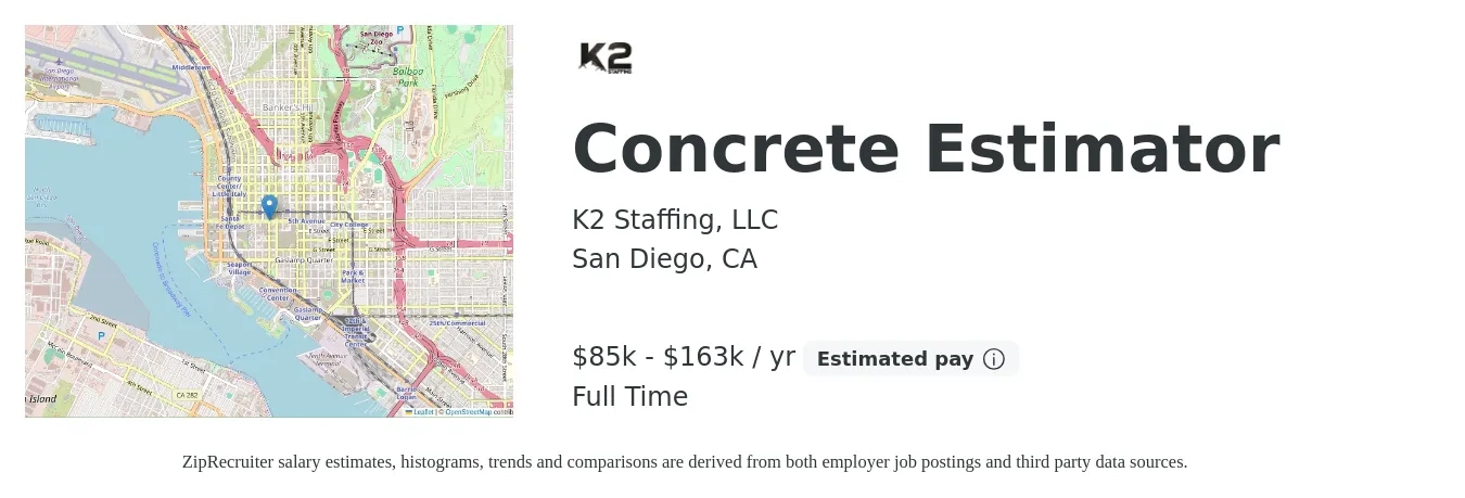 K2 Staffing, LLC job posting for a Concrete Estimator in San Diego, CA with a salary of $85,000 to $163,000 Yearly with a map of San Diego location.