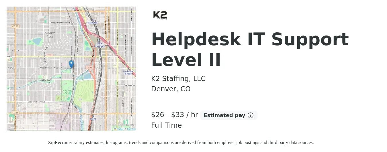 K2 Staffing, LLC job posting for a Helpdesk IT Support Level II in Denver, CO with a salary of $28 to $35 Hourly with a map of Denver location.
