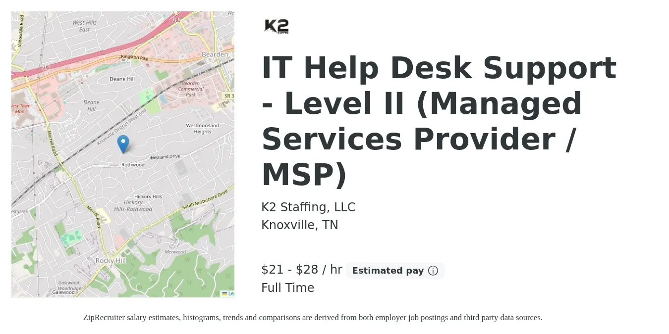 K2 Staffing, LLC job posting for a IT Help Desk Support - Level II (Managed Services Provider / MSP) in Knoxville, TN with a salary of $22 to $30 Hourly with a map of Knoxville location.