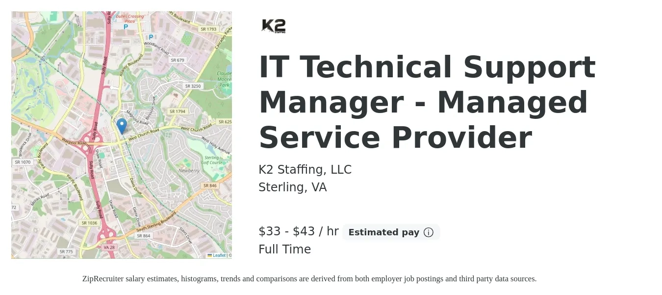 K2 Staffing, LLC job posting for a IT Technical Support Manager - Managed Service Provider in Sterling, VA with a salary of $35 to $45 Hourly with a map of Sterling location.